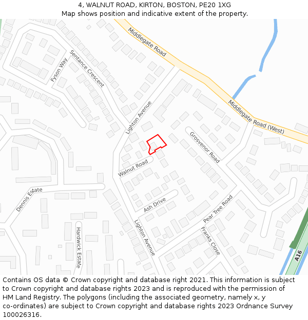 4, WALNUT ROAD, KIRTON, BOSTON, PE20 1XG: Location map and indicative extent of plot