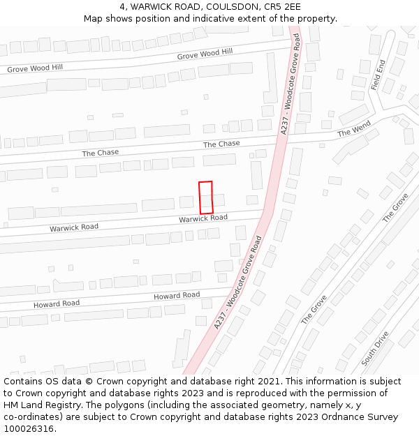 4, WARWICK ROAD, COULSDON, CR5 2EE: Location map and indicative extent of plot