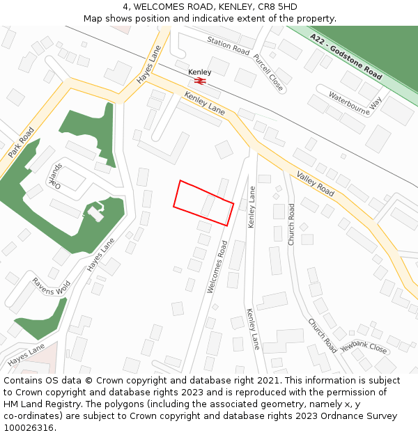 4, WELCOMES ROAD, KENLEY, CR8 5HD: Location map and indicative extent of plot