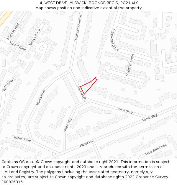 4, WEST DRIVE, ALDWICK, BOGNOR REGIS, PO21 4LY: Location map and indicative extent of plot