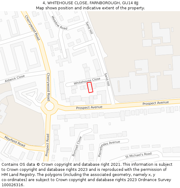 4, WHITEHOUSE CLOSE, FARNBOROUGH, GU14 8JJ: Location map and indicative extent of plot