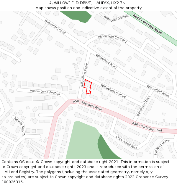 4, WILLOWFIELD DRIVE, HALIFAX, HX2 7NH: Location map and indicative extent of plot