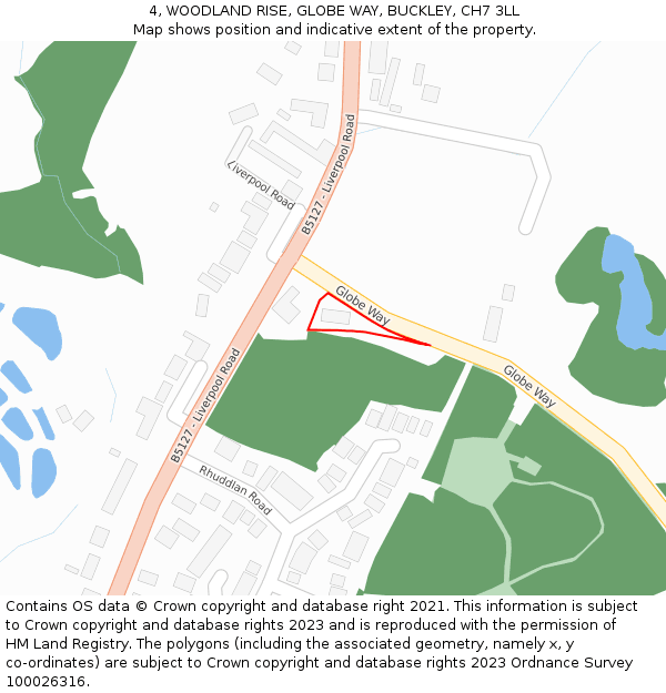 4, WOODLAND RISE, GLOBE WAY, BUCKLEY, CH7 3LL: Location map and indicative extent of plot