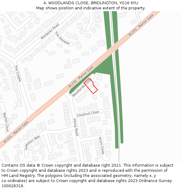 4, WOODLANDS CLOSE, BRIDLINGTON, YO16 6YU: Location map and indicative extent of plot