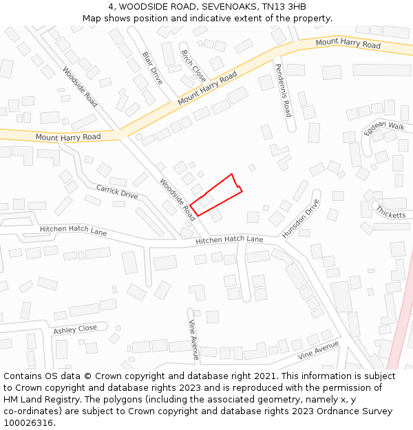 4, WOODSIDE ROAD, SEVENOAKS, TN13 3HB: Location map and indicative extent of plot