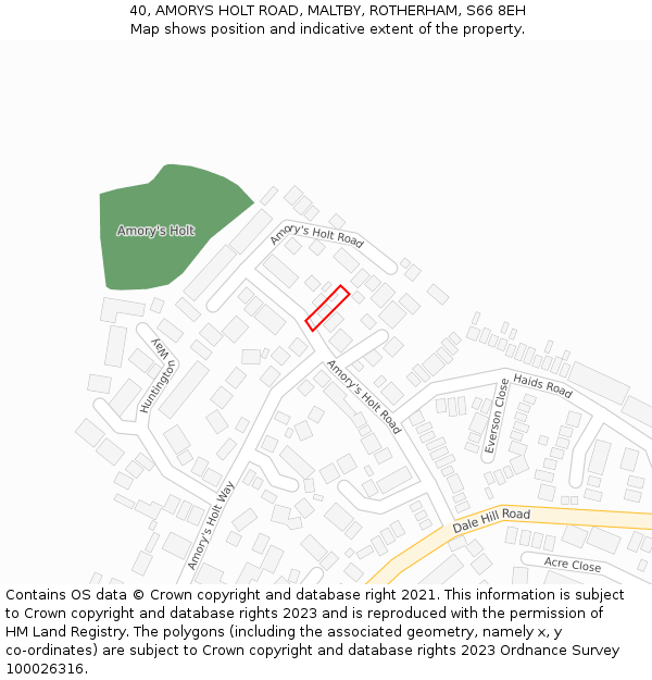 40, AMORYS HOLT ROAD, MALTBY, ROTHERHAM, S66 8EH: Location map and indicative extent of plot