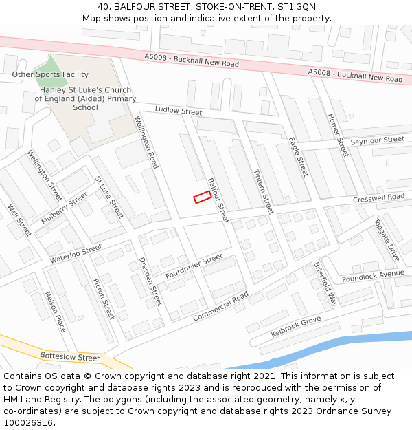 40, BALFOUR STREET, STOKE-ON-TRENT, ST1 3QN: Location map and indicative extent of plot