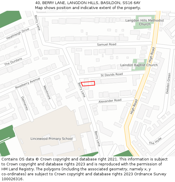 40, BERRY LANE, LANGDON HILLS, BASILDON, SS16 6AY: Location map and indicative extent of plot