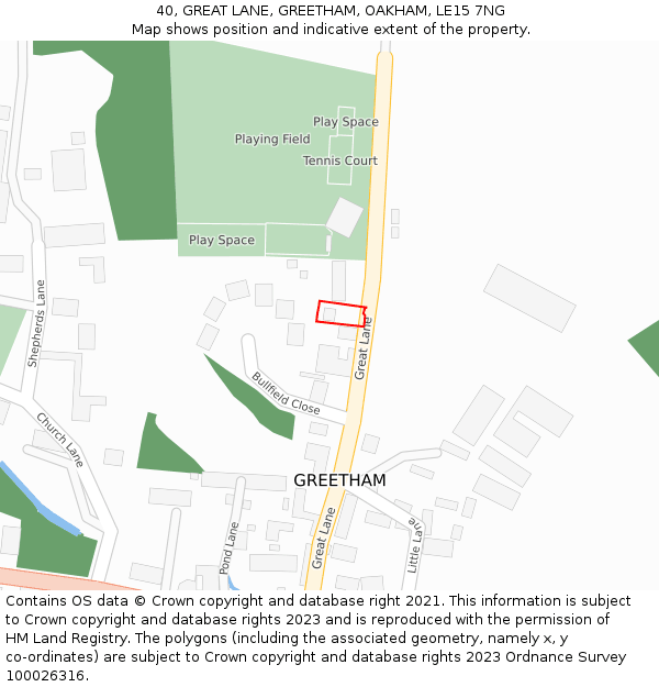 40, GREAT LANE, GREETHAM, OAKHAM, LE15 7NG: Location map and indicative extent of plot