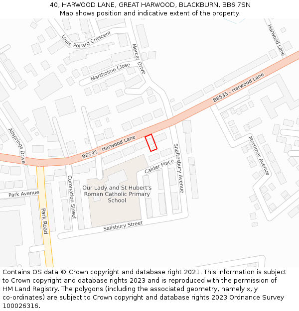 40, HARWOOD LANE, GREAT HARWOOD, BLACKBURN, BB6 7SN: Location map and indicative extent of plot