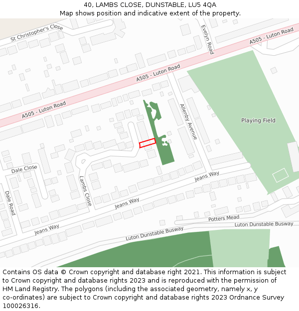 40, LAMBS CLOSE, DUNSTABLE, LU5 4QA: Location map and indicative extent of plot