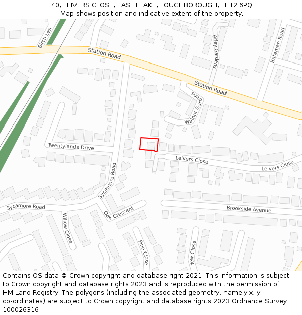 40, LEIVERS CLOSE, EAST LEAKE, LOUGHBOROUGH, LE12 6PQ: Location map and indicative extent of plot