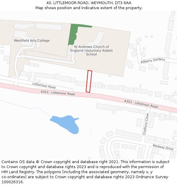 40, LITTLEMOOR ROAD, WEYMOUTH, DT3 6AA: Location map and indicative extent of plot