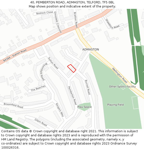 40, PEMBERTON ROAD, ADMASTON, TELFORD, TF5 0BL: Location map and indicative extent of plot