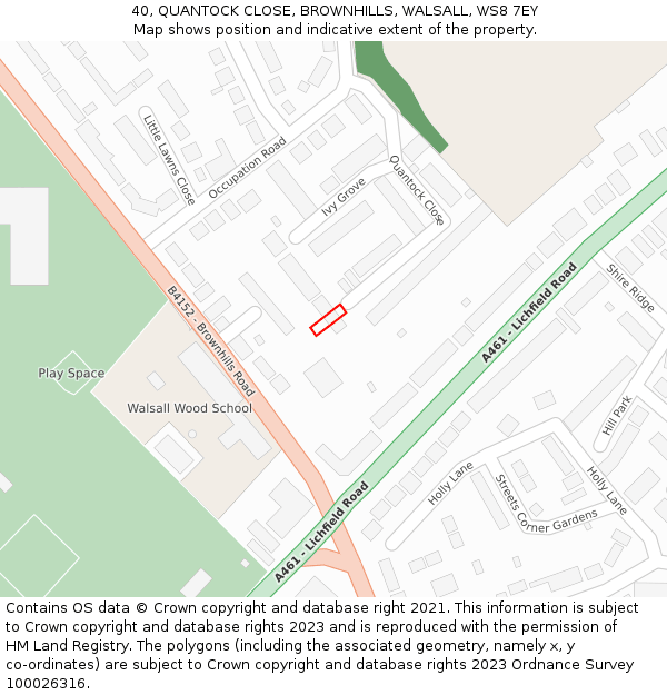 40, QUANTOCK CLOSE, BROWNHILLS, WALSALL, WS8 7EY: Location map and indicative extent of plot