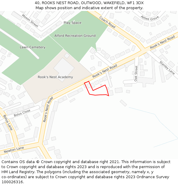 40, ROOKS NEST ROAD, OUTWOOD, WAKEFIELD, WF1 3DX: Location map and indicative extent of plot