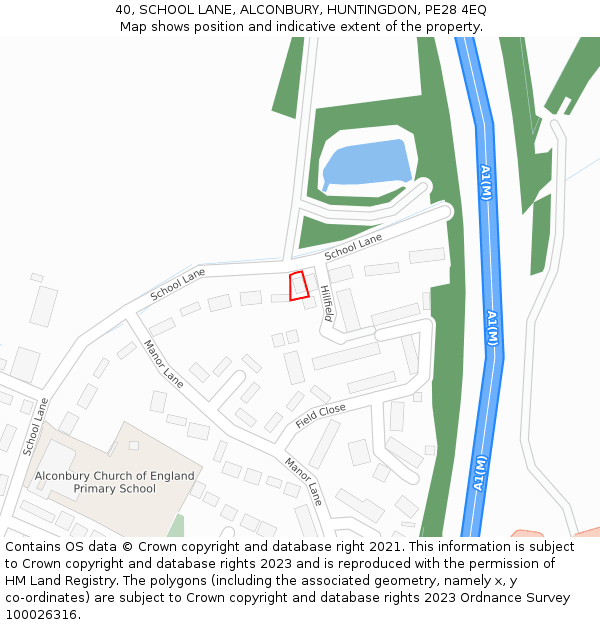 40, SCHOOL LANE, ALCONBURY, HUNTINGDON, PE28 4EQ: Location map and indicative extent of plot