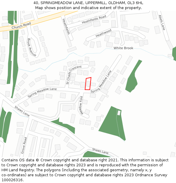 40, SPRINGMEADOW LANE, UPPERMILL, OLDHAM, OL3 6HL: Location map and indicative extent of plot