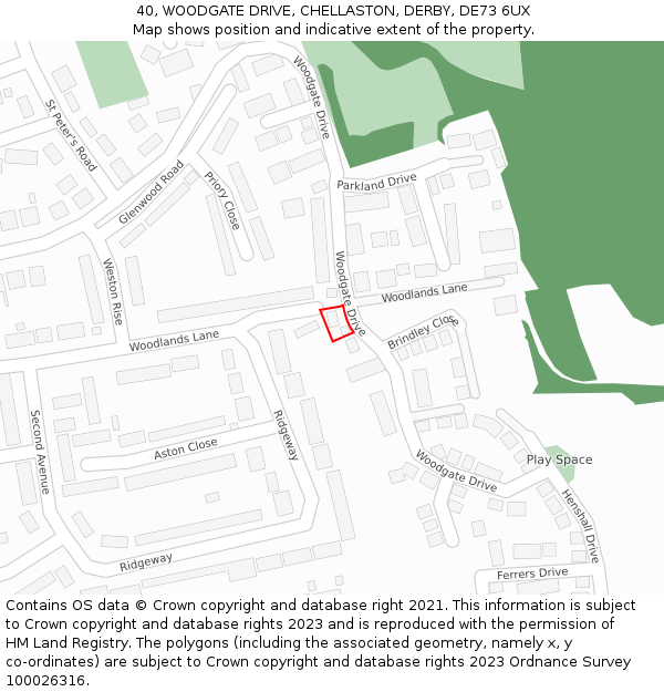 40, WOODGATE DRIVE, CHELLASTON, DERBY, DE73 6UX: Location map and indicative extent of plot