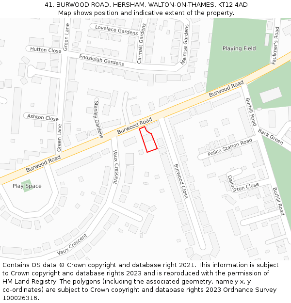 41, BURWOOD ROAD, HERSHAM, WALTON-ON-THAMES, KT12 4AD: Location map and indicative extent of plot