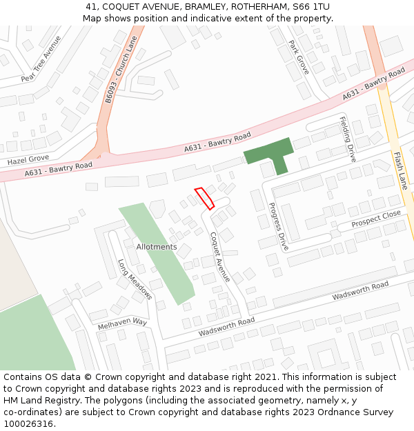 41, COQUET AVENUE, BRAMLEY, ROTHERHAM, S66 1TU: Location map and indicative extent of plot