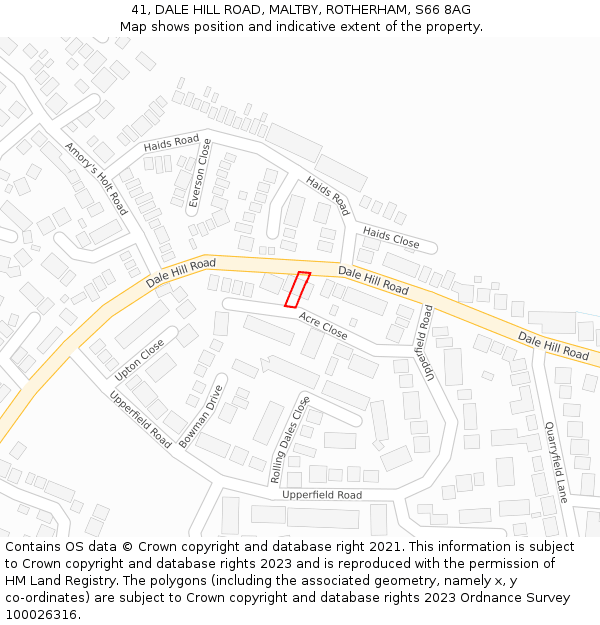 41, DALE HILL ROAD, MALTBY, ROTHERHAM, S66 8AG: Location map and indicative extent of plot