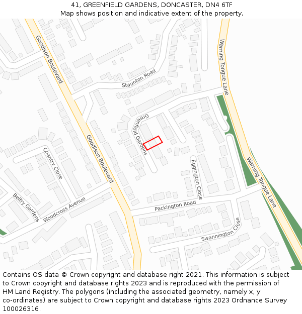 41, GREENFIELD GARDENS, DONCASTER, DN4 6TF: Location map and indicative extent of plot