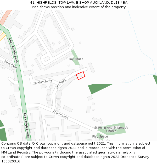 41, HIGHFIELDS, TOW LAW, BISHOP AUCKLAND, DL13 4BA: Location map and indicative extent of plot