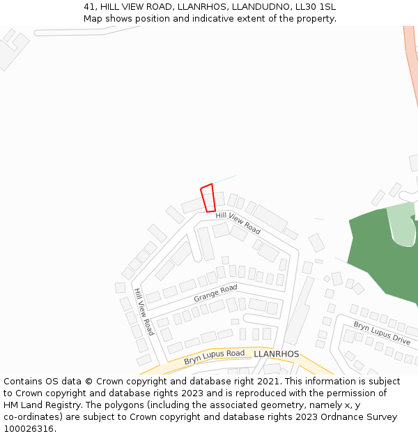 41, HILL VIEW ROAD, LLANRHOS, LLANDUDNO, LL30 1SL: Location map and indicative extent of plot