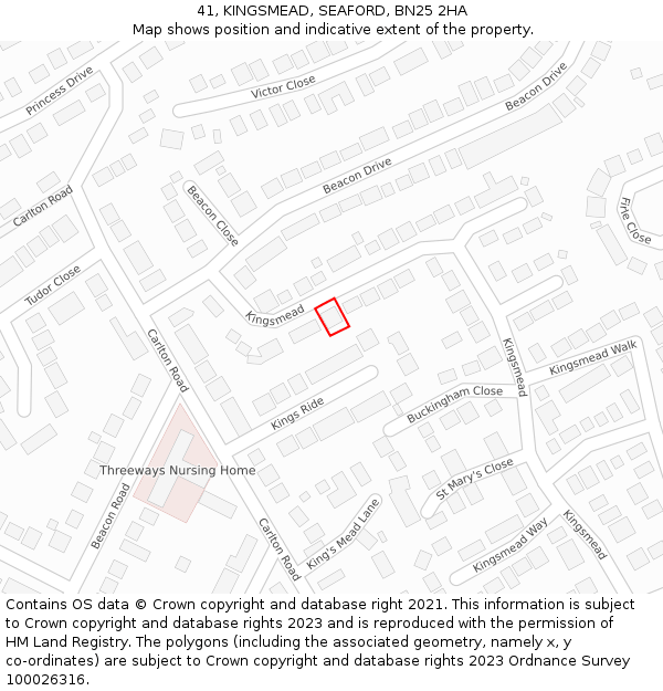 41, KINGSMEAD, SEAFORD, BN25 2HA: Location map and indicative extent of plot