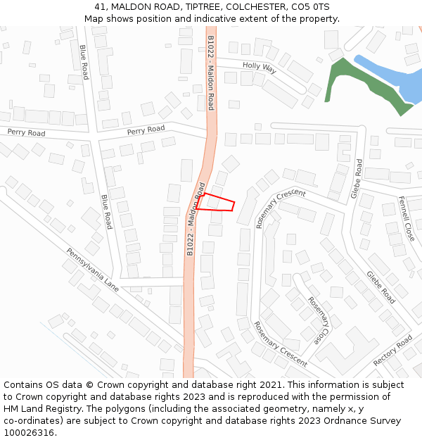 41, MALDON ROAD, TIPTREE, COLCHESTER, CO5 0TS: Location map and indicative extent of plot