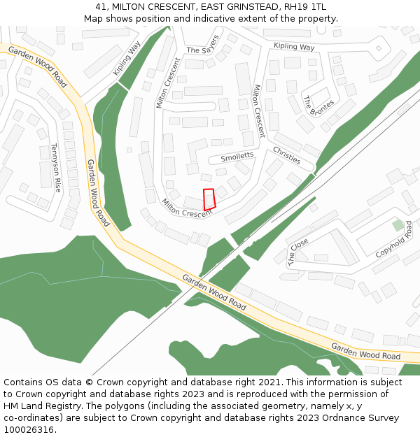 41, MILTON CRESCENT, EAST GRINSTEAD, RH19 1TL: Location map and indicative extent of plot