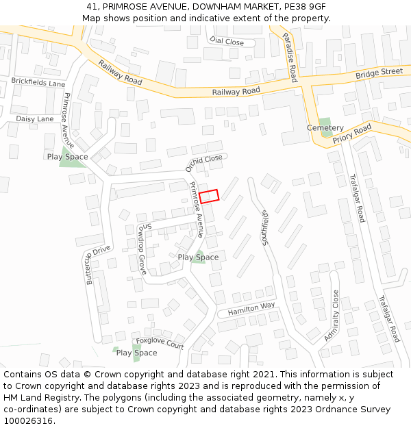 41, PRIMROSE AVENUE, DOWNHAM MARKET, PE38 9GF: Location map and indicative extent of plot