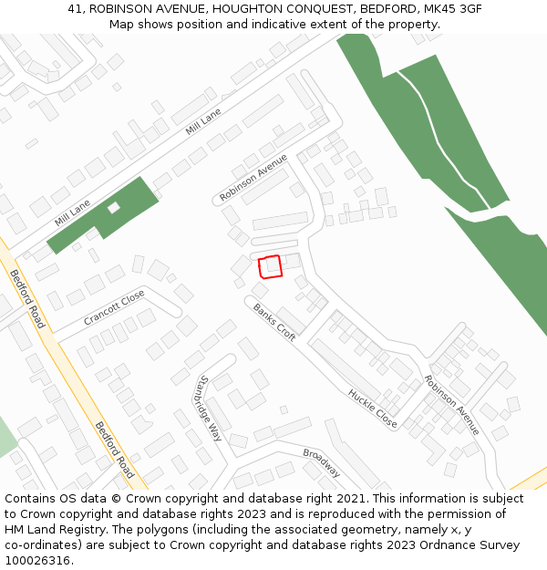 41, ROBINSON AVENUE, HOUGHTON CONQUEST, BEDFORD, MK45 3GF: Location map and indicative extent of plot