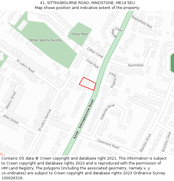 41, SITTINGBOURNE ROAD, MAIDSTONE, ME14 5EU: Location map and indicative extent of plot