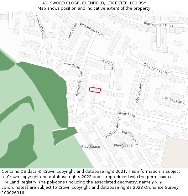 41, SWORD CLOSE, GLENFIELD, LEICESTER, LE3 8SY: Location map and indicative extent of plot