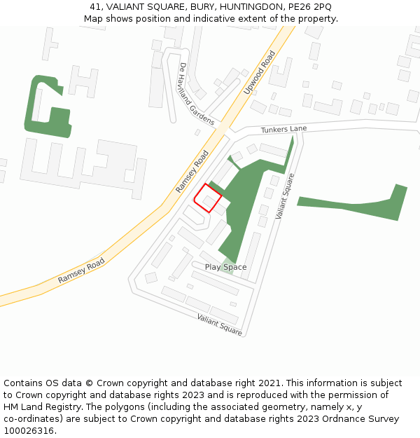 41, VALIANT SQUARE, BURY, HUNTINGDON, PE26 2PQ: Location map and indicative extent of plot