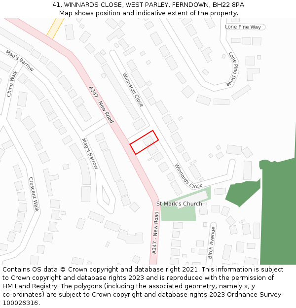 41, WINNARDS CLOSE, WEST PARLEY, FERNDOWN, BH22 8PA: Location map and indicative extent of plot