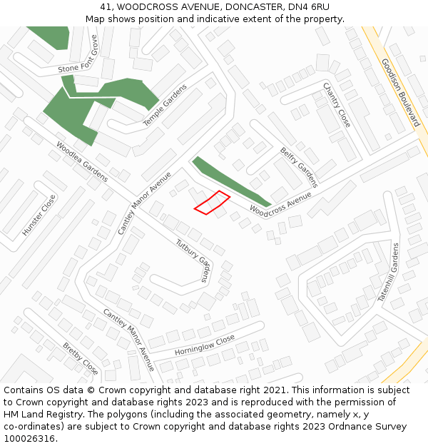 41, WOODCROSS AVENUE, DONCASTER, DN4 6RU: Location map and indicative extent of plot