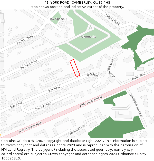 41, YORK ROAD, CAMBERLEY, GU15 4HS: Location map and indicative extent of plot