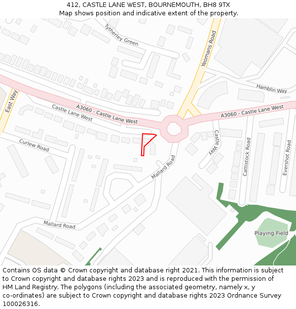 412, CASTLE LANE WEST, BOURNEMOUTH, BH8 9TX: Location map and indicative extent of plot