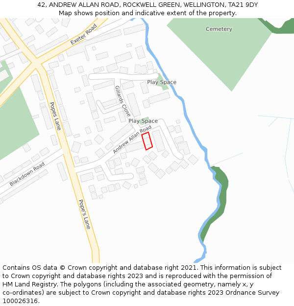 42, ANDREW ALLAN ROAD, ROCKWELL GREEN, WELLINGTON, TA21 9DY: Location map and indicative extent of plot