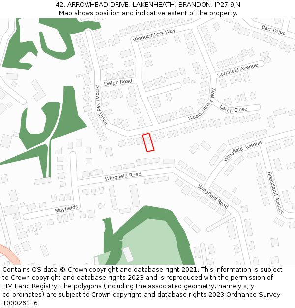 42, ARROWHEAD DRIVE, LAKENHEATH, BRANDON, IP27 9JN: Location map and indicative extent of plot