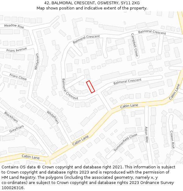 42, BALMORAL CRESCENT, OSWESTRY, SY11 2XG: Location map and indicative extent of plot