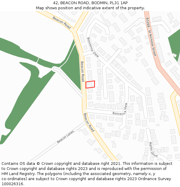 42, BEACON ROAD, BODMIN, PL31 1AP: Location map and indicative extent of plot