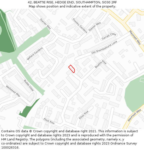 42, BEATTIE RISE, HEDGE END, SOUTHAMPTON, SO30 2RF: Location map and indicative extent of plot