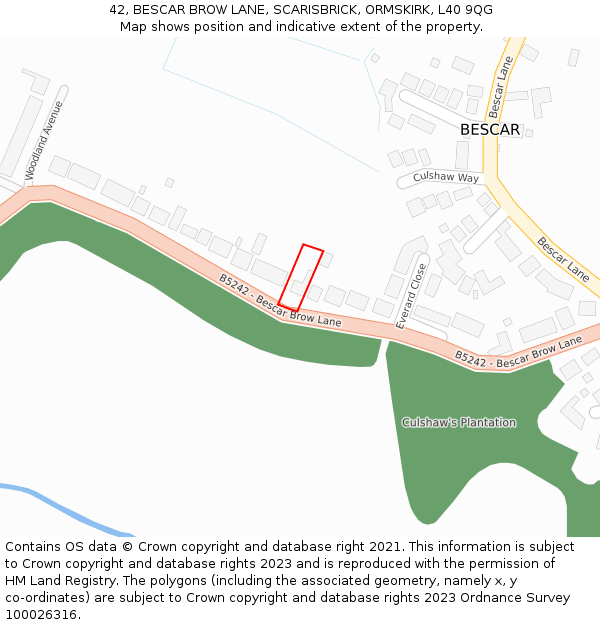 42, BESCAR BROW LANE, SCARISBRICK, ORMSKIRK, L40 9QG: Location map and indicative extent of plot