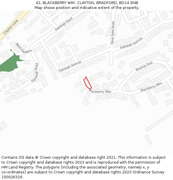 42, BLACKBERRY WAY, CLAYTON, BRADFORD, BD14 6NB: Location map and indicative extent of plot