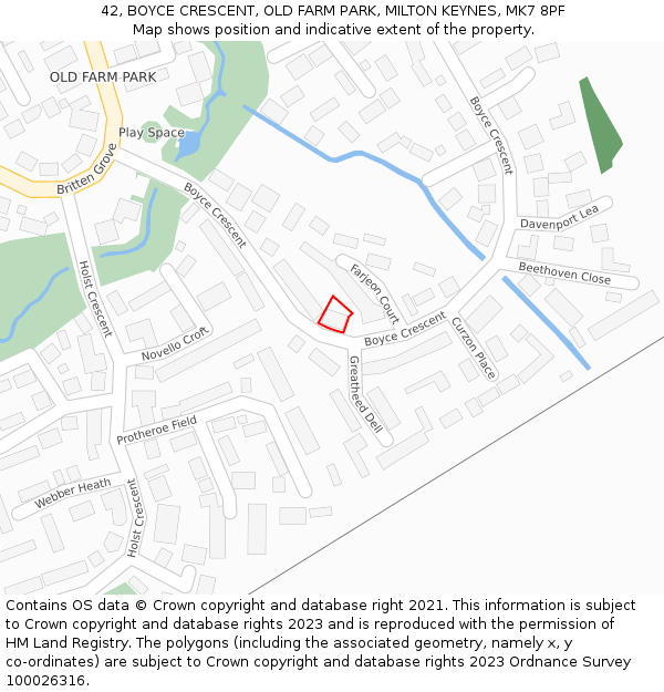 42, BOYCE CRESCENT, OLD FARM PARK, MILTON KEYNES, MK7 8PF: Location map and indicative extent of plot