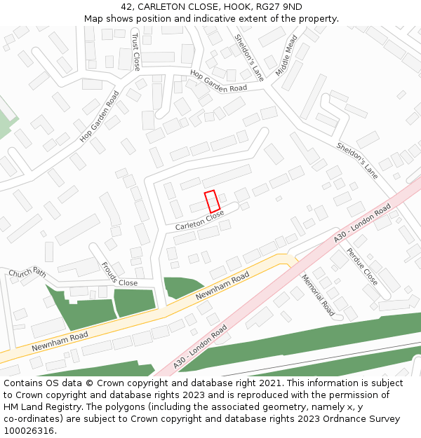 42, CARLETON CLOSE, HOOK, RG27 9ND: Location map and indicative extent of plot